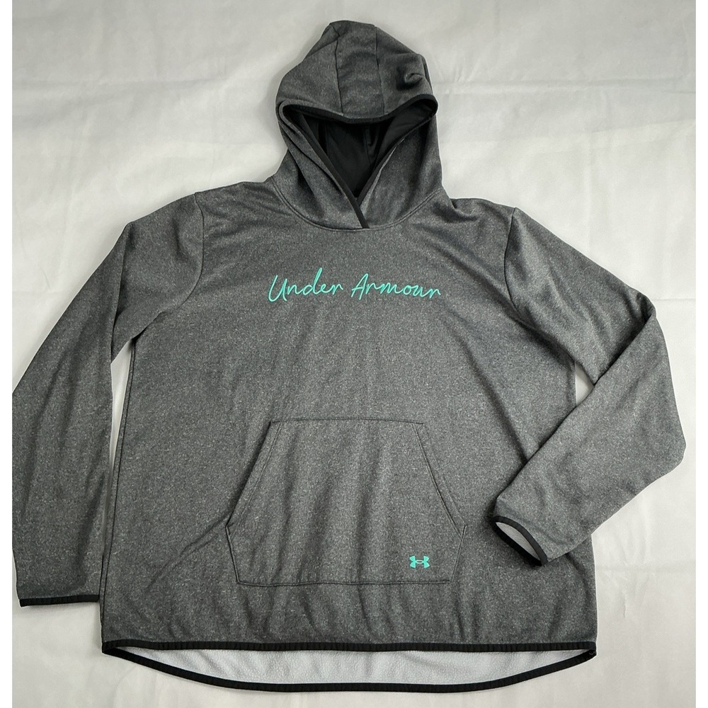 Under Armour Pullover Hoodie Women’s 2XL Loose Fit Heather Gray Teal Script Logo
